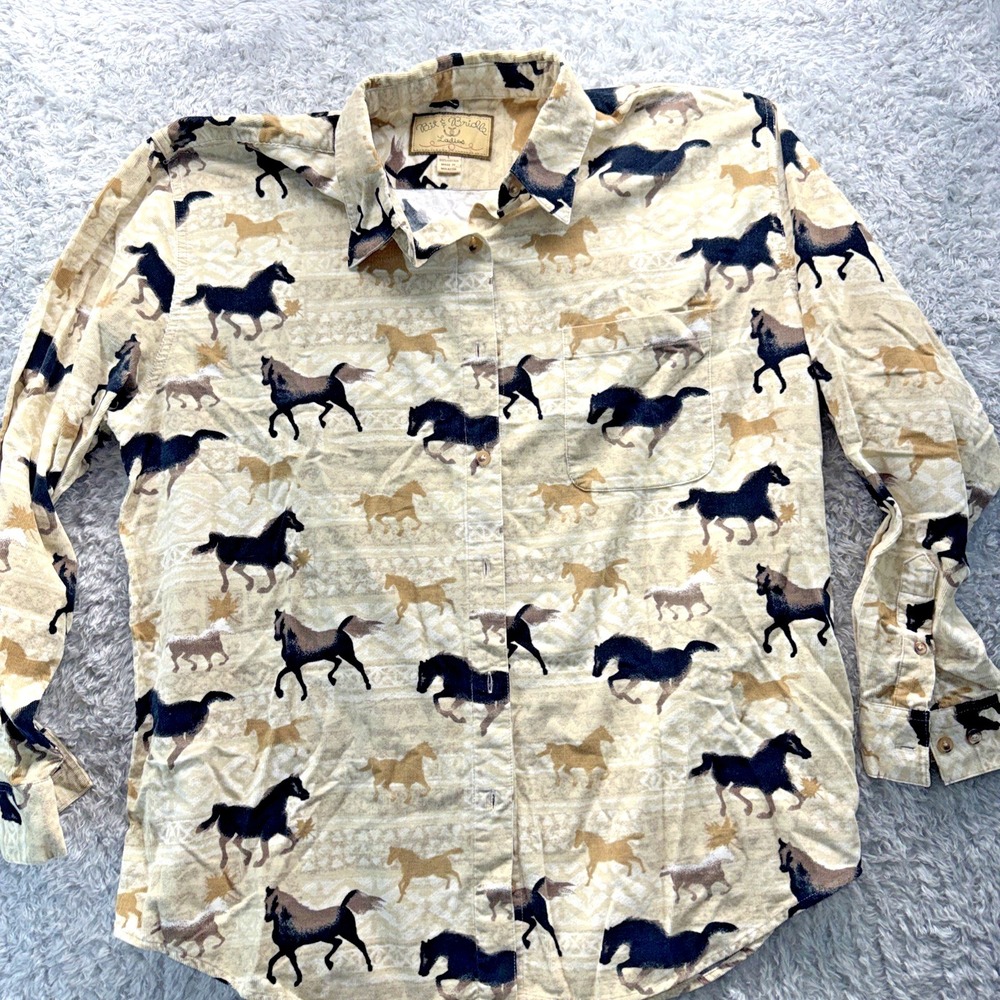 Vintage 90s Bit & Bridle Horse Print Corduroy Western Shirt Womens Large Rodeo